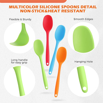 Rtteri 20 Pieces Silicone Serving Spoons Set Nonstick Heat Resistant Small Cooking Baking Spoons for Mixing, Baking, Stirring, Turning, Scraping Kitchen