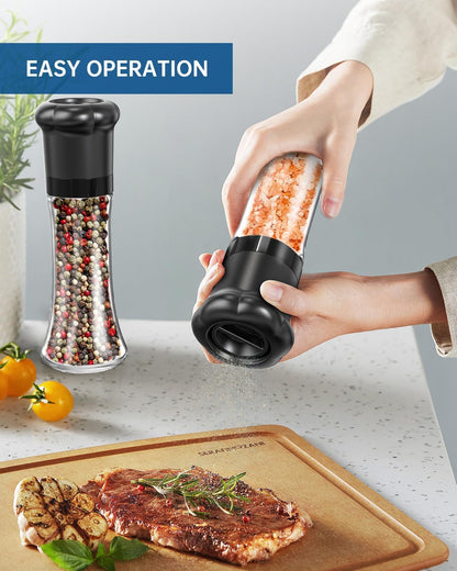 CIRCLE JOY Premium Manual Salt and Pepper Grinder Set, Refillable Salt and Pepper Shakers with Ceramic Blades, Adjustable Coarseness and BPA-free 180ml Glass Container, Tall Black White