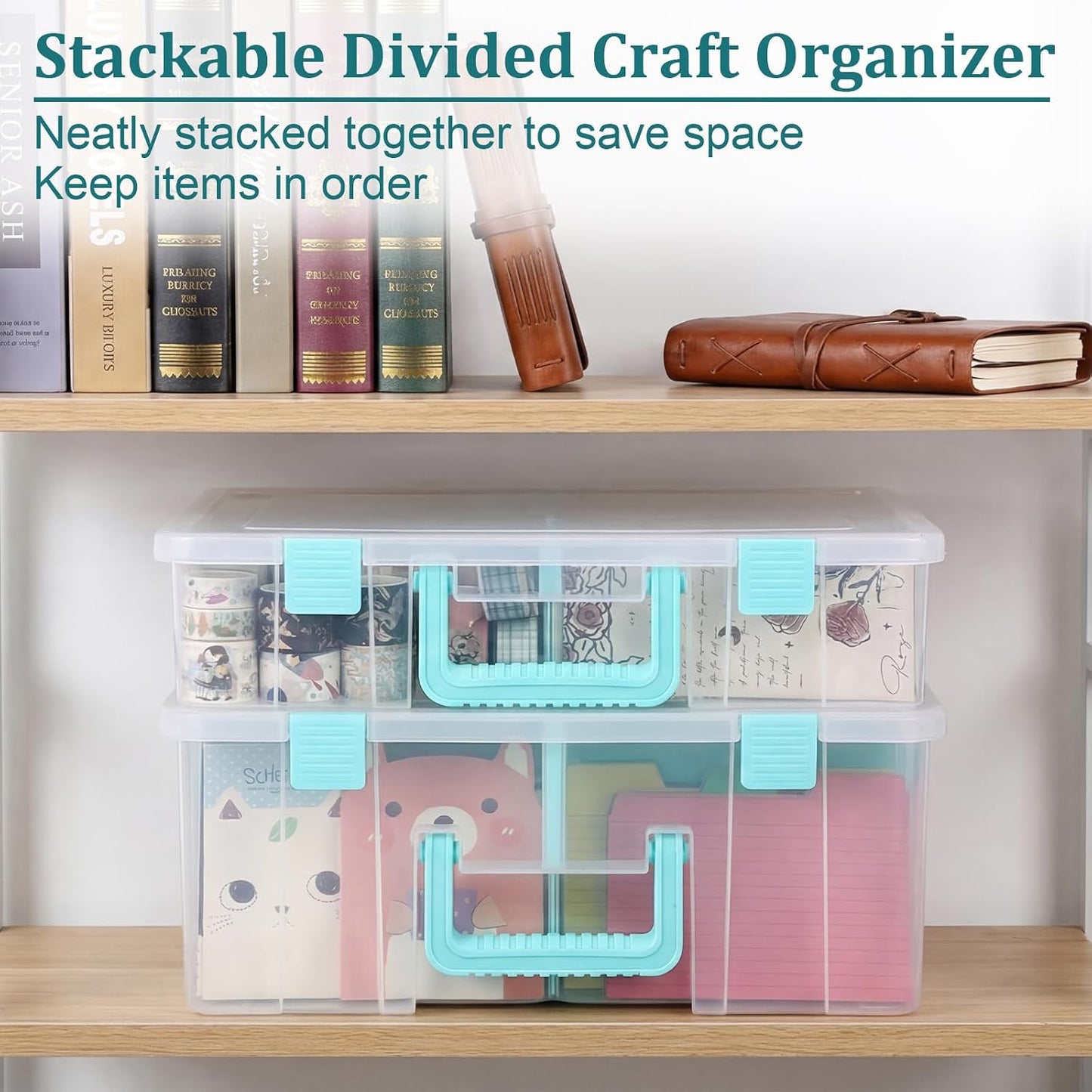 BTSKY Clear Plastic Dividing Storage Box with 4 Compartments Adjustable Storage Bin with Lid Plastic Craft Storage Container Multipurpose Sewing Box Art Supply Organizer, 13.3x8.1x3.4 Inches
