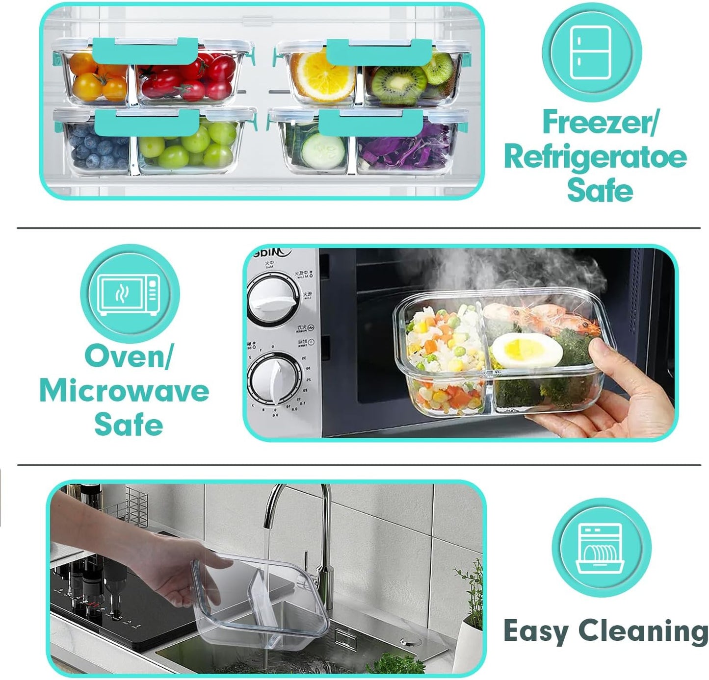 VERONES 10 Pack Glass Meal Prep Containers 2 Compartment Set, 30 OZ Airtight Glass Lunch Containers, Glass Food Storage Containers with Lids, for Microwave, Oven, Freezer & Dishwasher Friendly，Grey