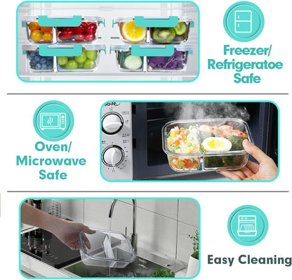 VERONES 10 Pack Glass Meal Prep Containers 2 Compartment Set, 30 OZ Airtight Glass Lunch Containers, Glass Food Storage Containers with Lids, for Microwave, Oven, Freezer & Dishwasher Friendly，Grey