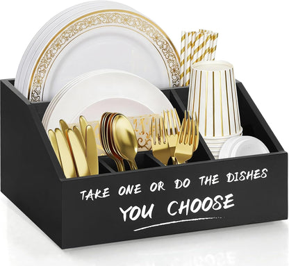 Ameuphercy Wood Paper Plate Holders for Kitchen Counter,Paper Plate Dispenser for Countertop, Rustic Silverware Utensil Caddy for Party,Wooden Plate Organizer Box for Cups Spoons and Forks