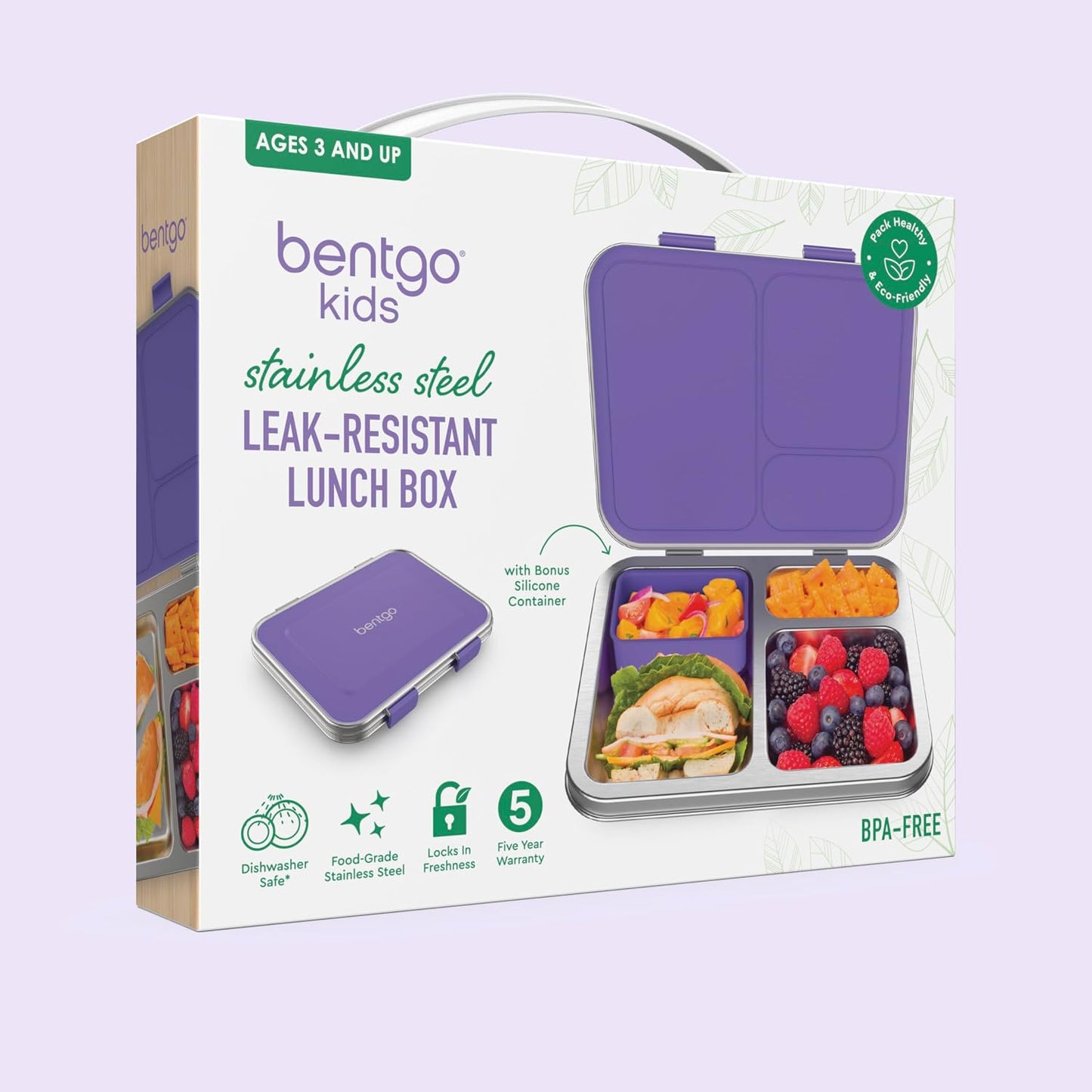 Bentgo Kids Stainless Steel Leak-Resistant Lunch Box - 3-Compartments with Bonus Silicone Container, Durable, Eco-Friendly, Dishwasher Safe, BPA-Free, Ideal for School, Ages 3+ (Silver)