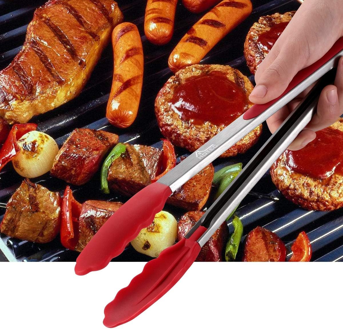 HOTEC Premium Stainless Steel Locking Kitchen Tongs with Silicon Tips, Set of 2-9" and 12"