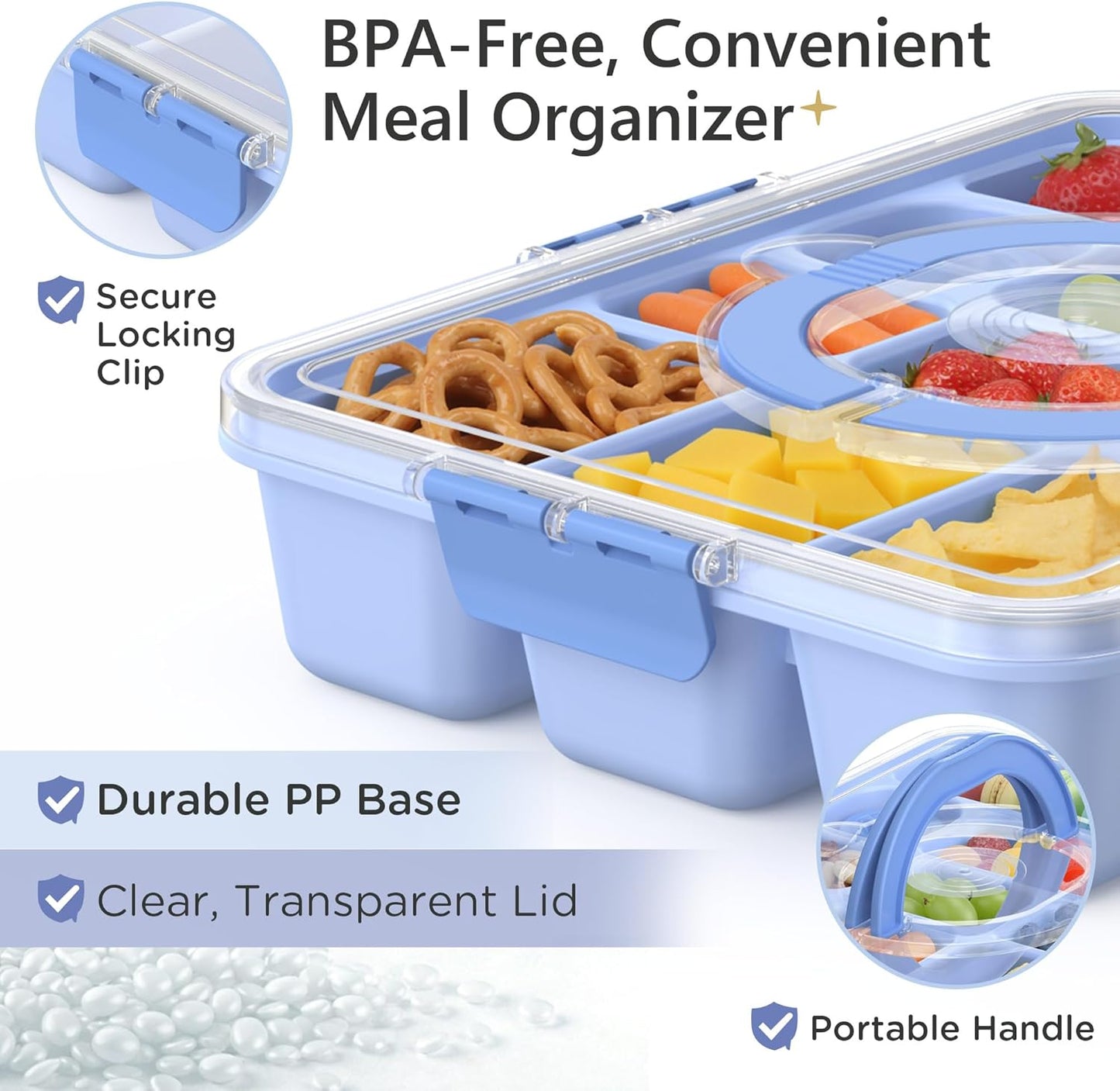 Snackle Box Container for Adults with 10 Compartment, Divided Serving Tray with Lid and Handle and 2 Sauce Containers, Portable Snack Box Container for Charcuterie Party Travel, Purple