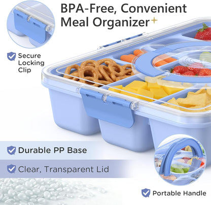 Snackle Box Container for Adults with 10 Compartment, Divided Serving Tray with Lid and Handle and 2 Sauce Containers, Portable Snack Box Container for Charcuterie Party Travel, Purple
