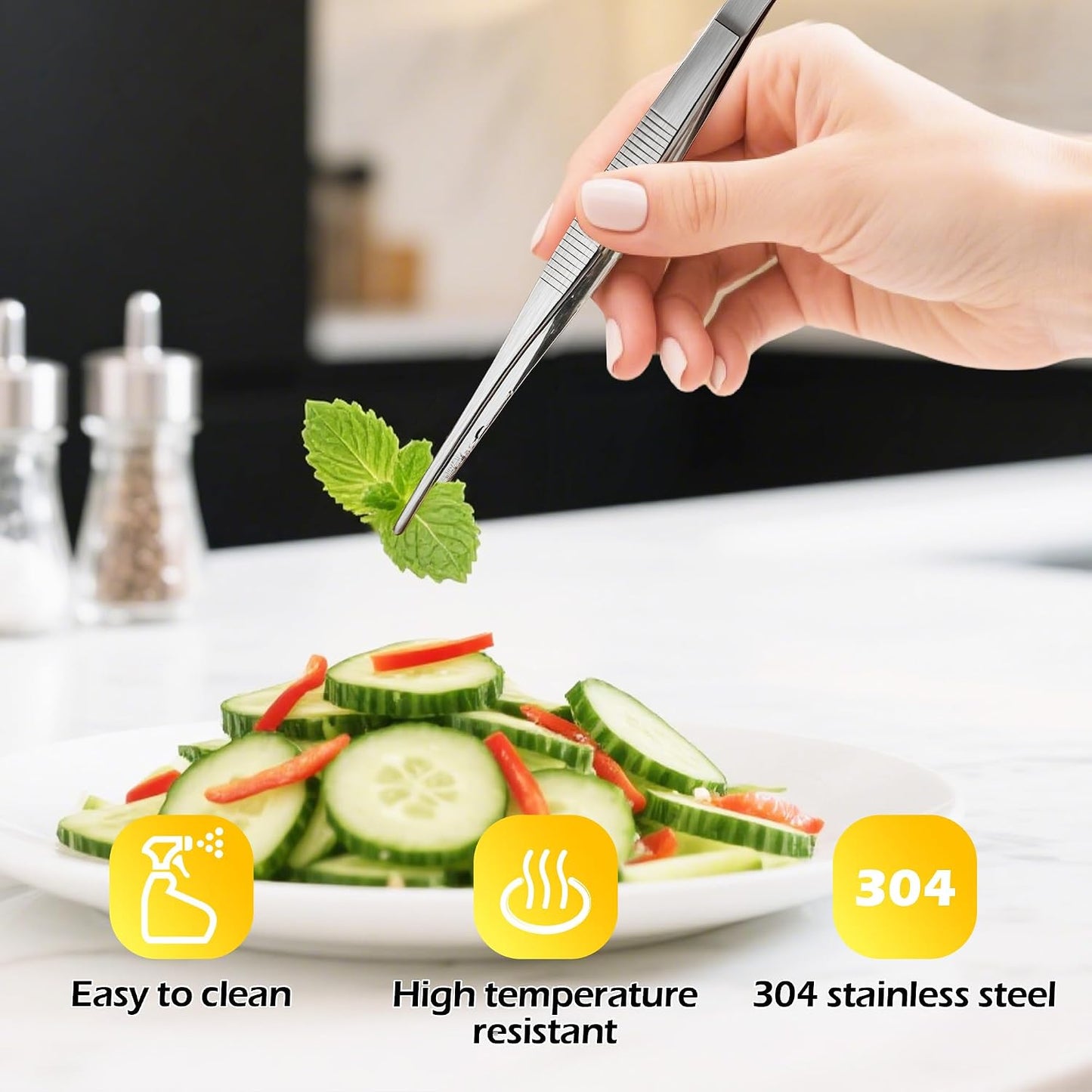 6.3 Inch Food Tweezers Stainless Steel with Precision Serrated Tips, 5PCS Kitchen Tweezers Set for Cooking, Baking, Cookie Cake Decoration, Metal Plating Tweezers