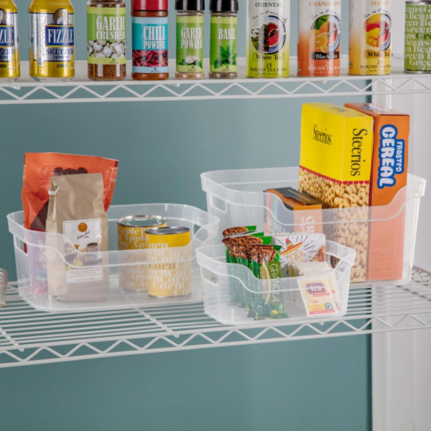 Sterilite 7 x 11 x 14.25 Inch Polished Open Scoop Front Storage Bin with Comfortable Carry Through Handles for Household Organization, Clear (6 Pack)