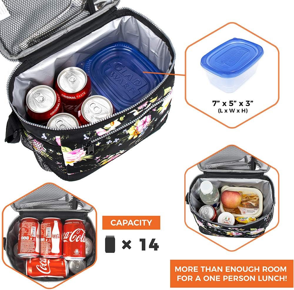 opux Insulated Lunch Box Men Women, Lunch Bag for Work School, Leakproof Soft Cooler Tote Adult, Large Lunch Pail Kids Boys Girls, Picnic Beach Food Bag with Shoulder Strap, Purple Floral