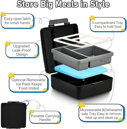 Bento Lunch Box for Kids with 17oz Soup Thermo,Insulated Tumbler Water Bottle and Insulated Lunch Bag,Leak-Proof 3 Compartment Lunch Food Container with Ice Pack for Kids to School-Horse