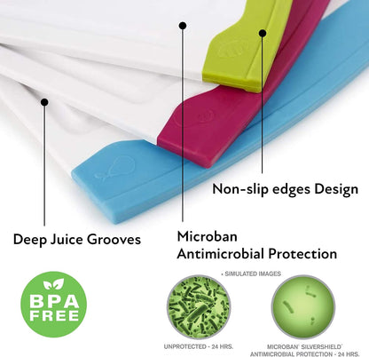 Neoflam 2 Piece Plastic Cutting Board Set, Microban Protection, Stain & Odor Free, Extra Large, BPA Free, Juice Groove, Non Slip, Dishwasher Safe, Easy Grip Handle, White Green