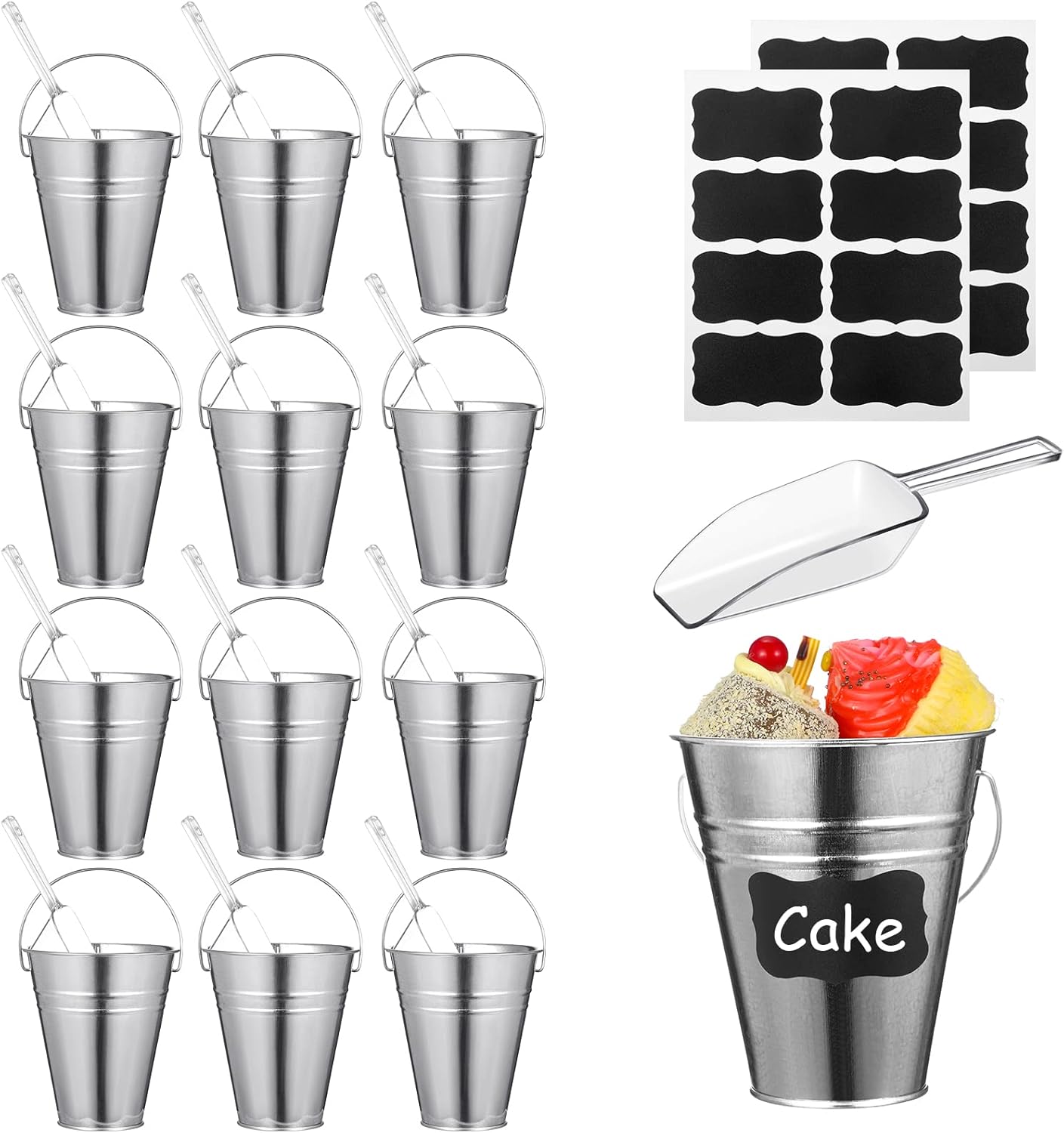 Harloon 12 Pcs Galvanized Bucket with 12 Clear Plastic Ice Scoop 20.3 oz Metal Beer Bucket with Handle Metal Pail Mini Toy Container 16 Blackboard Sticker for Candy Popcorn Snacks Party Supplies