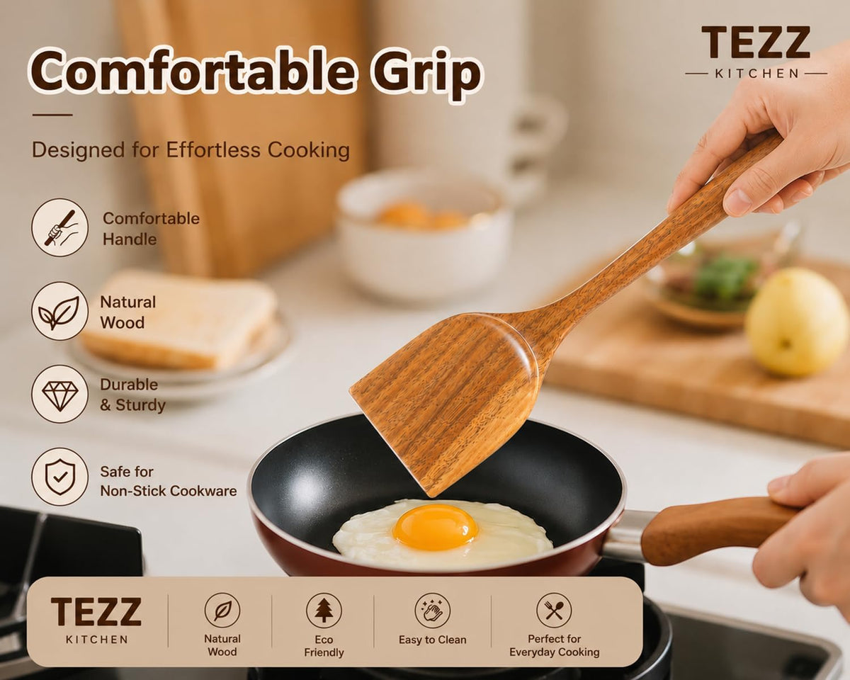 Wooden Spatulas, Natural Acacia Wooden Cooking Utensils Set for Non-stick Pan Kitchen Tool, flipping and Wok Spatula, Wooden Spoons & Spurtle for Cooking