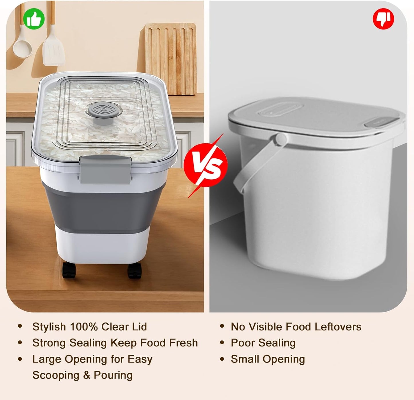 Komzon Rice Storage Container, Collapsible Airtight 10-40 Lb Rice Storage Container, 25lb Pet Dog Food Storage Container, Rice Dispenser Bin with Cup and Scoop for Flour Cereal Pasta Grain, Cat Bird