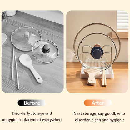 Pot Lid Holder and Spoon Rest, 2-in-1 Kitchen Counter Organizer with Stainless Steel Lid Holder While Cooking and Plastic Utensil Rest, Space Saving Pot Cover Rack for Stovetop and Countertop (Black)