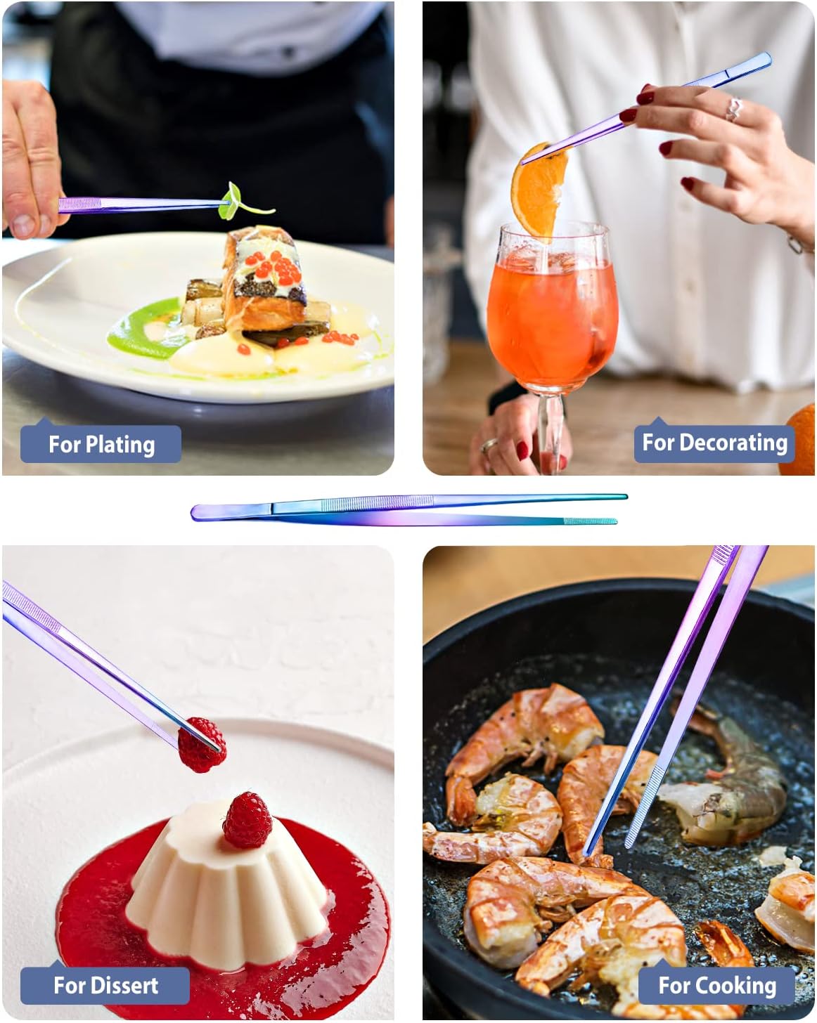 4 Pcs Fine Long Tweezer Tongs Professional Black, 12'' and 10'' Stainless Steel for Kitchen, Food, Cooking, Repairing, Sea food and BBQ
