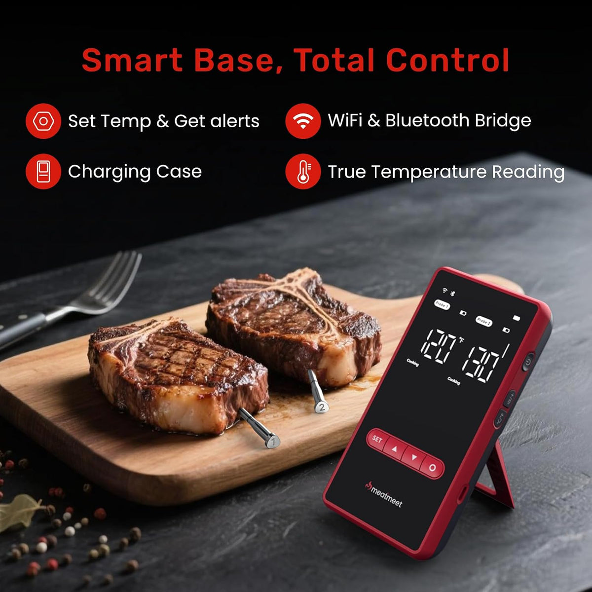 Wireless Meat Thermometer, WiFi & Bluetooth, Smart Base, 2 Probes
