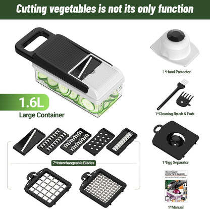 12-in-1 Vegetable Chopper 7 Blades, Veggie Cutter with Handle, Black/White