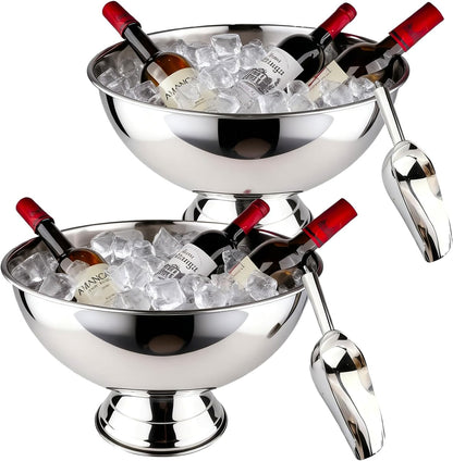 Large Ice Bucket 13L Stainless Steel Champagne Bowl Ice Bucket with Ice Scoop Semicircle Drink Tub with Integrated Base Silver Beverage Tub for Parties, Cocktail Bar, Chilling Wine (1 Pack-Silver)