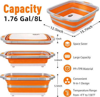 8L Collapsible BBQ Prep Tub with Locking Lid & Cutting Board - Marinade Container Grill Carry System for RV Picnic Tailgate - Portable Wash Basin for Kitchen Camping Sink - Gift for Men Women