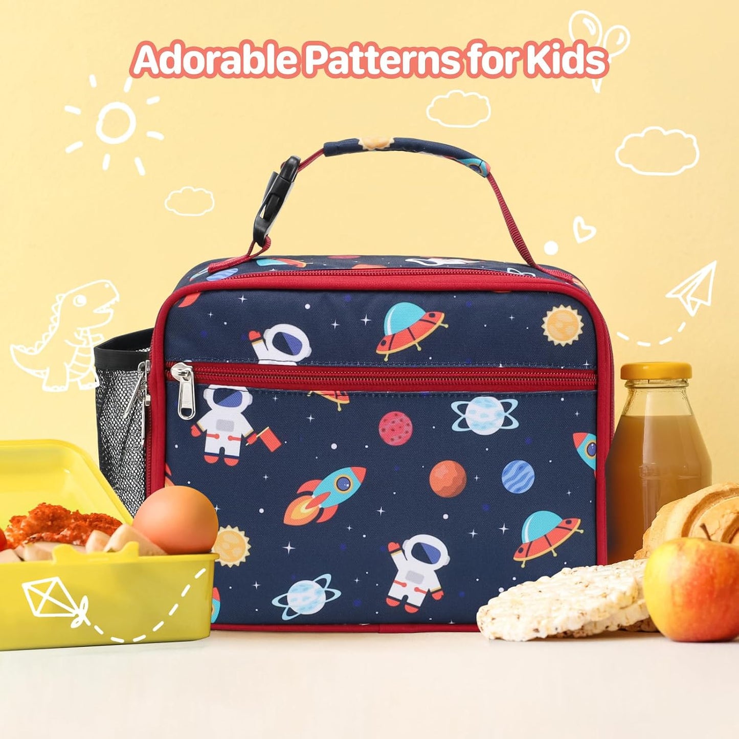 Kids Lunch Bag Boys - Insulated Kids Lunch Box Reusable Lunchbox with Water Bottle Holder Toddler Lunch Tote Bag for School Daycare, Black Dino Fossil