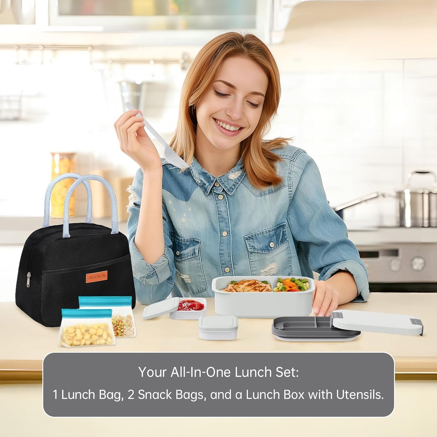 JBGOYON Bento Box and Lunch Bag Set, Leak-Proof Lunch Box for Adults and Kids with Built-in Utensils, Insulated for Work School Travel, Microwave & Dishwasher Safe, All-in-One (Purple)