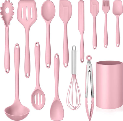 LIANYU 14 Pcs Silicone Kitchen Utensils Set with Holder, 446°F Heat Resistant Silicone Cooking Kitchen Utensils Spatula Set, Non-Stick & Dishwasher Safe Cooking Tools, Comfort Grip Handle, Black