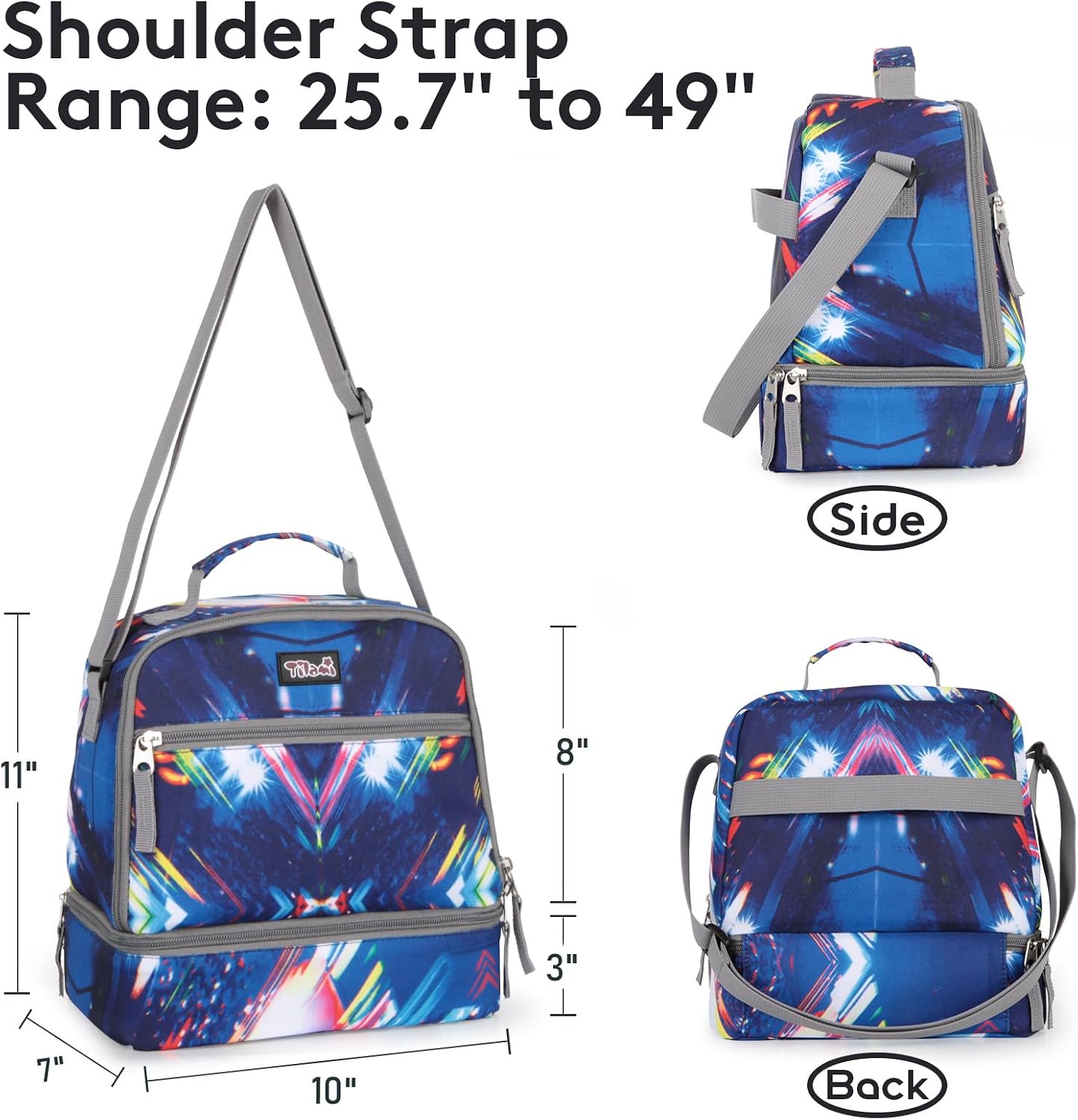 Tilami Lunch Bags Insulated Adjustable Strap Zipper, Two Compartments Cooler Bags, Bento Bags for Kids Toddlers (Blue)