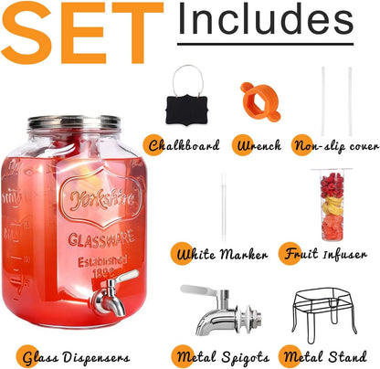 2 Gallon Glass Drink Dispenser,Beverage Dispenser with Stand,Lemonade Dispenser with 304 Stainless Steel Spigot Leakproof for Entertaining Guests, Picnic,Hosting Parties