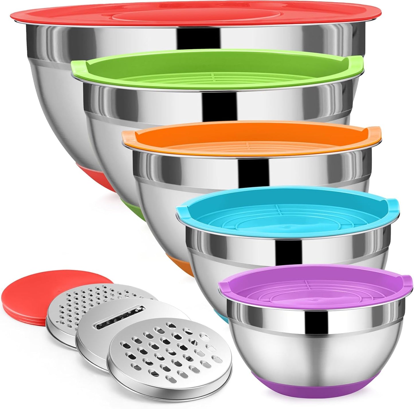 P&P CHEF Mixing Bowl with Lid Set, 5 Piece Stainless Steel Mixing Nesting Bowls for Salad Storage, 3 Grater Attachments & Non-Slip Bottoms, Size 1/1.5/2 / 2.6/4.6 QT, Black