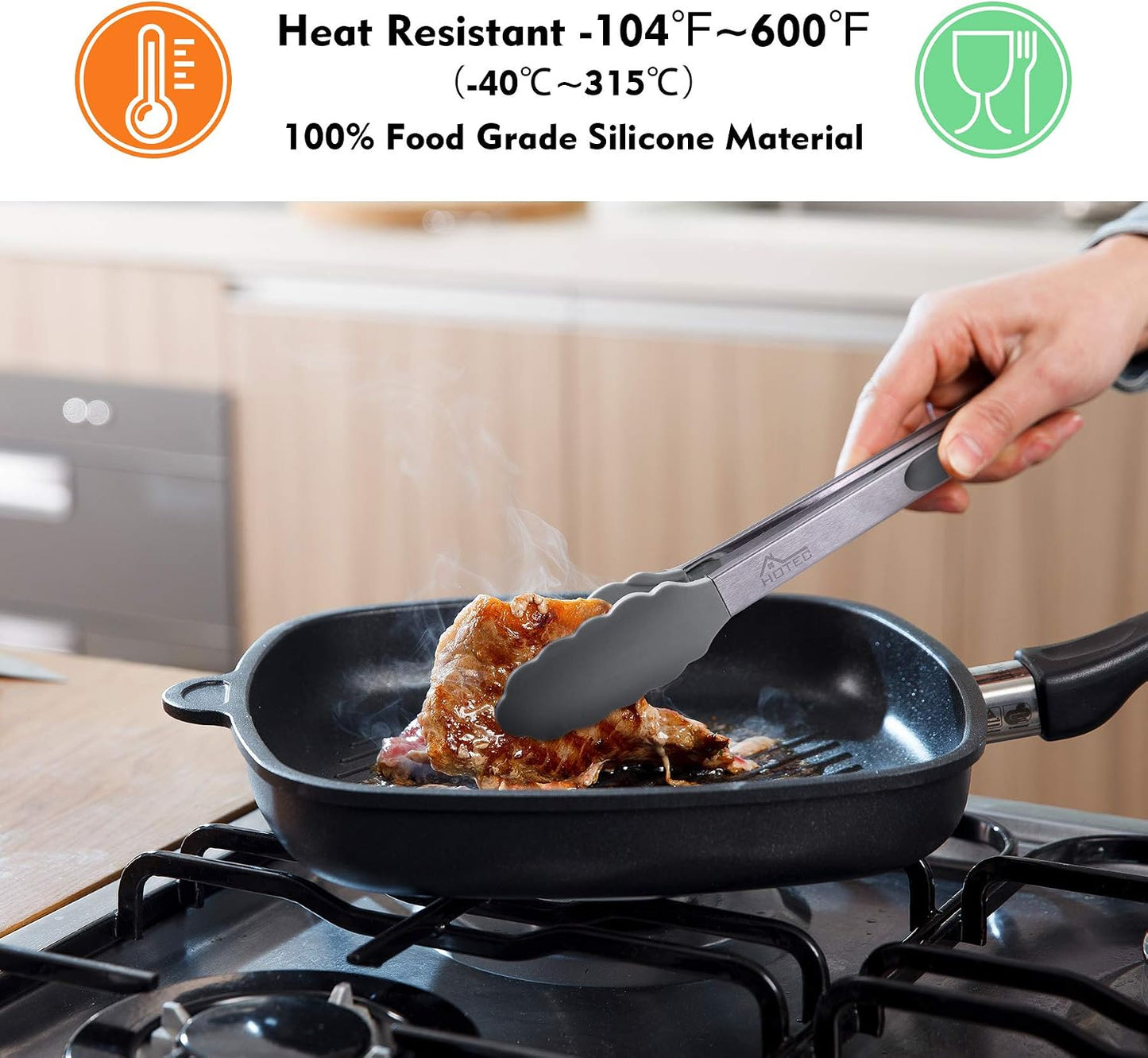 HOTEC Premium Stainless Steel Locking Kitchen Tongs with Silicon Tips, Set of 2-9" and 12"