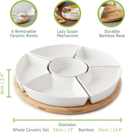 Ceramic Taco Serving Platter - Divided Serving Tray for Taco Tuesday Lazy Susan Taco Bar - Chip and Dip Serving Set for Party - Appetizer Serving Tray for Salsa, Snacks (13 in)