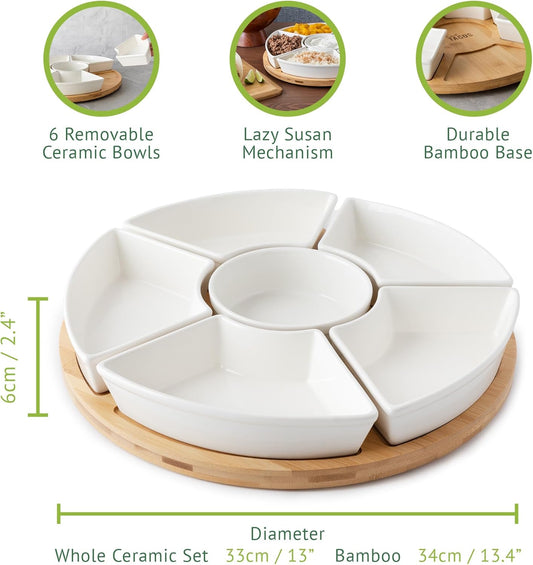 Ceramic Taco Serving Platter - Divided Serving Tray for Taco Tuesday Lazy Susan Taco Bar - Chip and Dip Serving Set for Party - Appetizer Serving Tray for Salsa, Snacks (13 in)