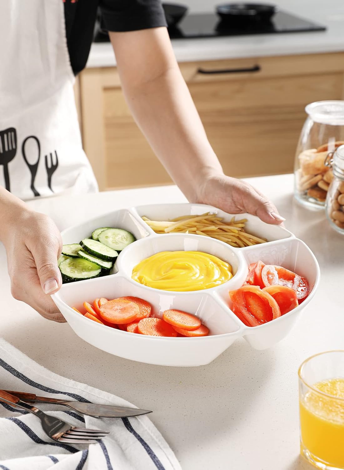 Sweese Porcelain Chip & Dip Serving Set - Divided Platter with 5 Compartments, Relish Tray for Snacks, Veggies, Candy - Durable, Microwave & Dishwasher Friendly - Elegant White Design for Parties