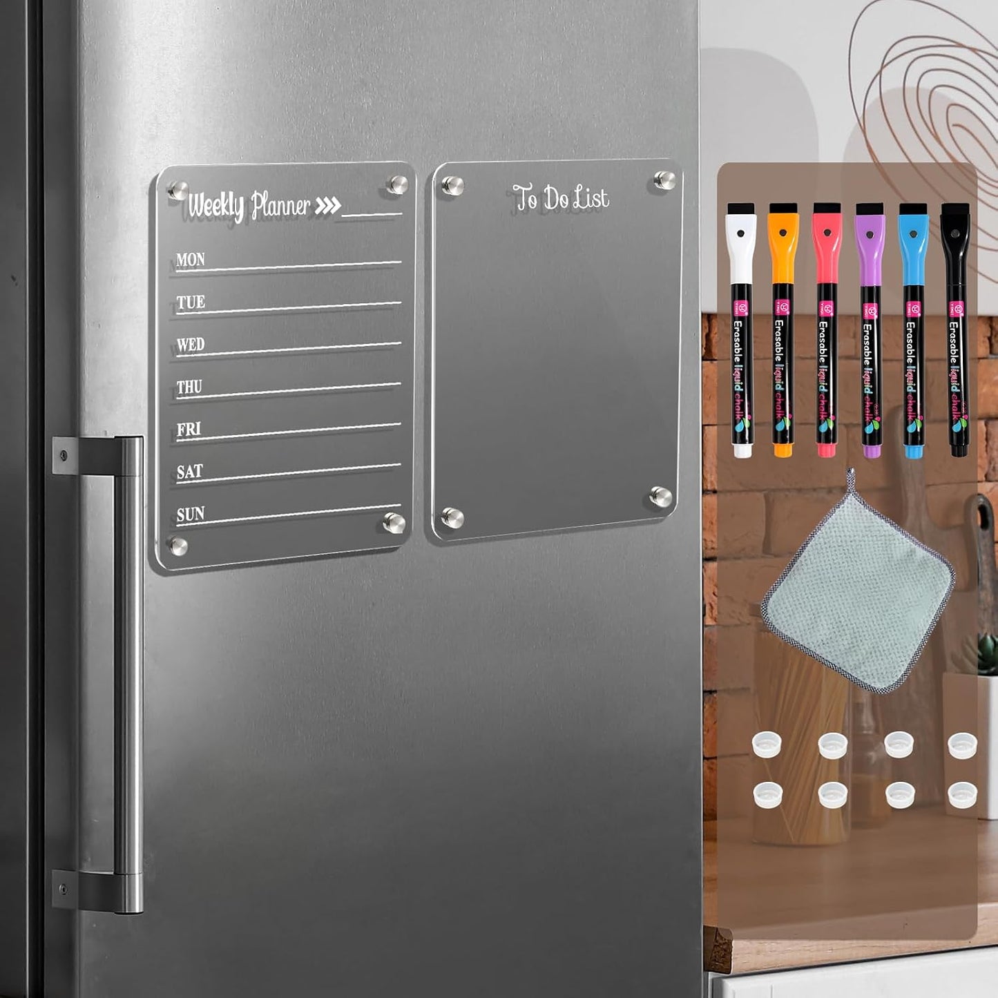 Magnetic Calendar for Refrigerator，Fridge Calendar for Weekly Calendar Set， Includes 6 Dry Erase Markers, 1 Towel,8 Magnetic Column Silicone Pads，House Must Haves
