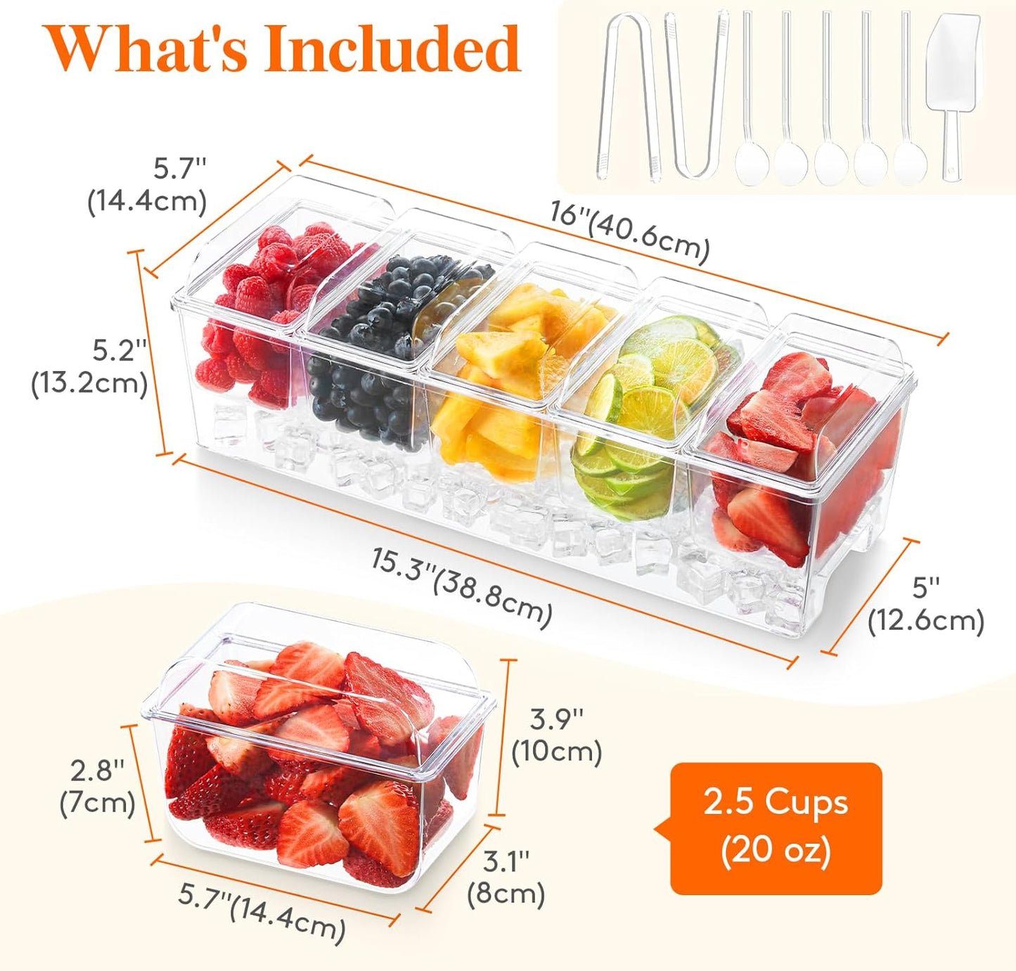 Lifewit Taco Bar Serving Set for Party with 5 x 20 oz Containers & Components, Ice Chilled Condiment Caddy Organizer, Garnish Serving Tray Platter for Mimosa Bar Accessories, Fruit, Salad, Food