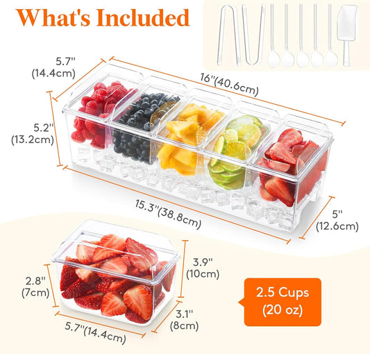 Lifewit Taco Bar Serving Set for Party with 5 x 20 oz Containers & Components, Ice Chilled Condiment Caddy Organizer, Garnish Serving Tray Platter for Mimosa Bar Accessories, Fruit, Salad, Food