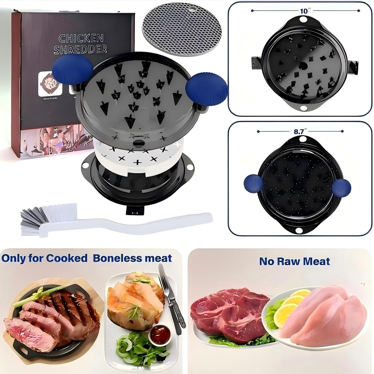 Chicken Shredder Meat Shredder Tool Twist Chicken Breast Shredder Large-Shredding Tools Chicken Breast, Pulled Pork, Beef with Stainless Steel Spikes (Blue&Black)