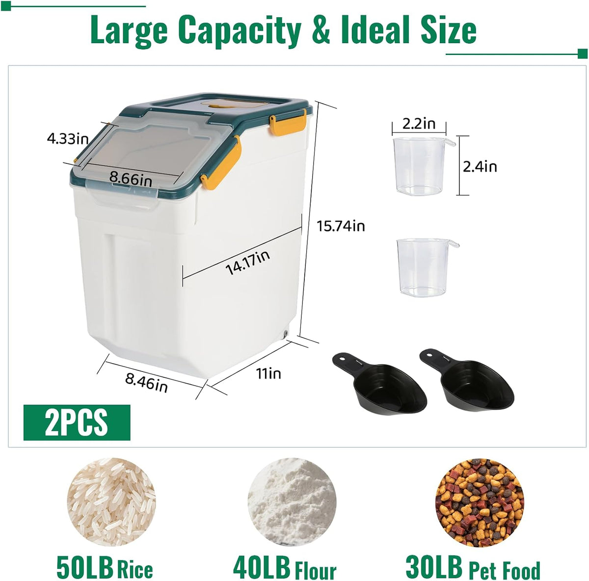 2 Pack Rice Container 50 lbs Large Bulk Flour Sugar Storage Holdhouse Plastic Grain Cereal Dry Goods Bin with Spoon and Measuring Cup for Kitchen Pantry Organization - Green