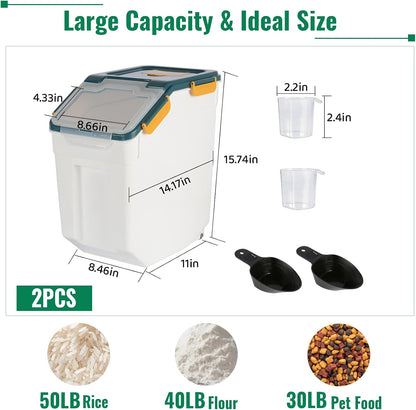 2 Pack Rice Container 50 lbs Large Bulk Flour Sugar Storage Holdhouse Plastic Grain Cereal Dry Goods Bin with Spoon and Measuring Cup for Kitchen Pantry Organization - Green