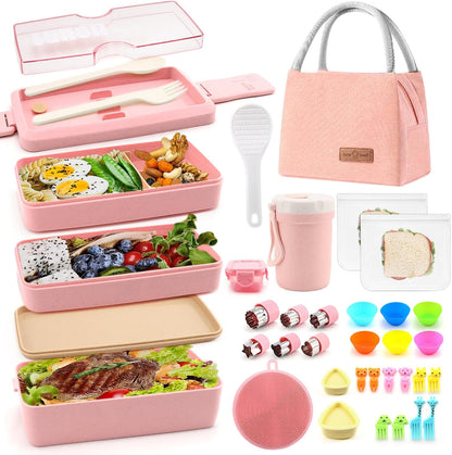 Bento Box Japanese Lunch Box Kit Leakproof Bento Lunch Box for Kids Adults Wheat Straw 3 Layer Stackable Lunch Containers with Compartment Eco-Friendly Meal Prep Containers (Beige)
