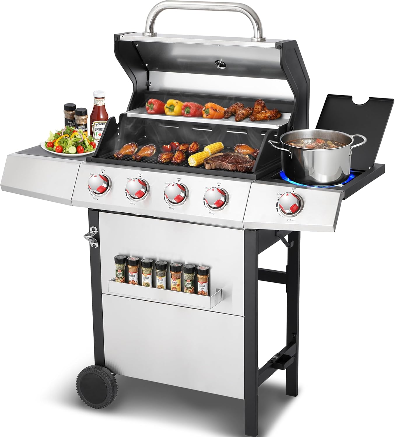 4-in-1 Propane & Charcoal Grill Combo, 4-Burner Gas Griddle with Side Burner, Cast Iron Grates, Outdoor BBQ for Patio & Backyard