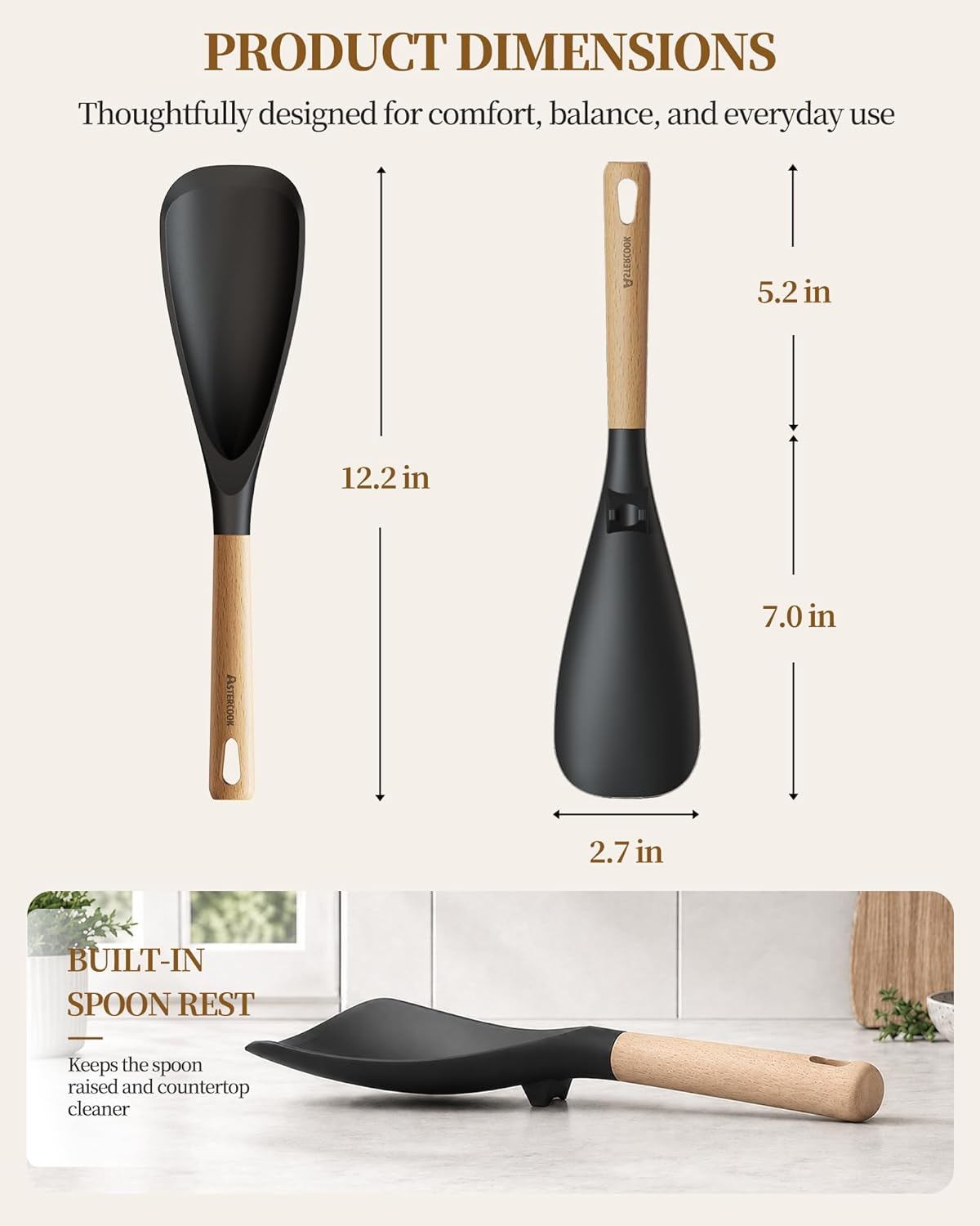 Astercook Cooking Spoon, 2 Pack, Nonstick Safe Silicone Spoonula Spatula