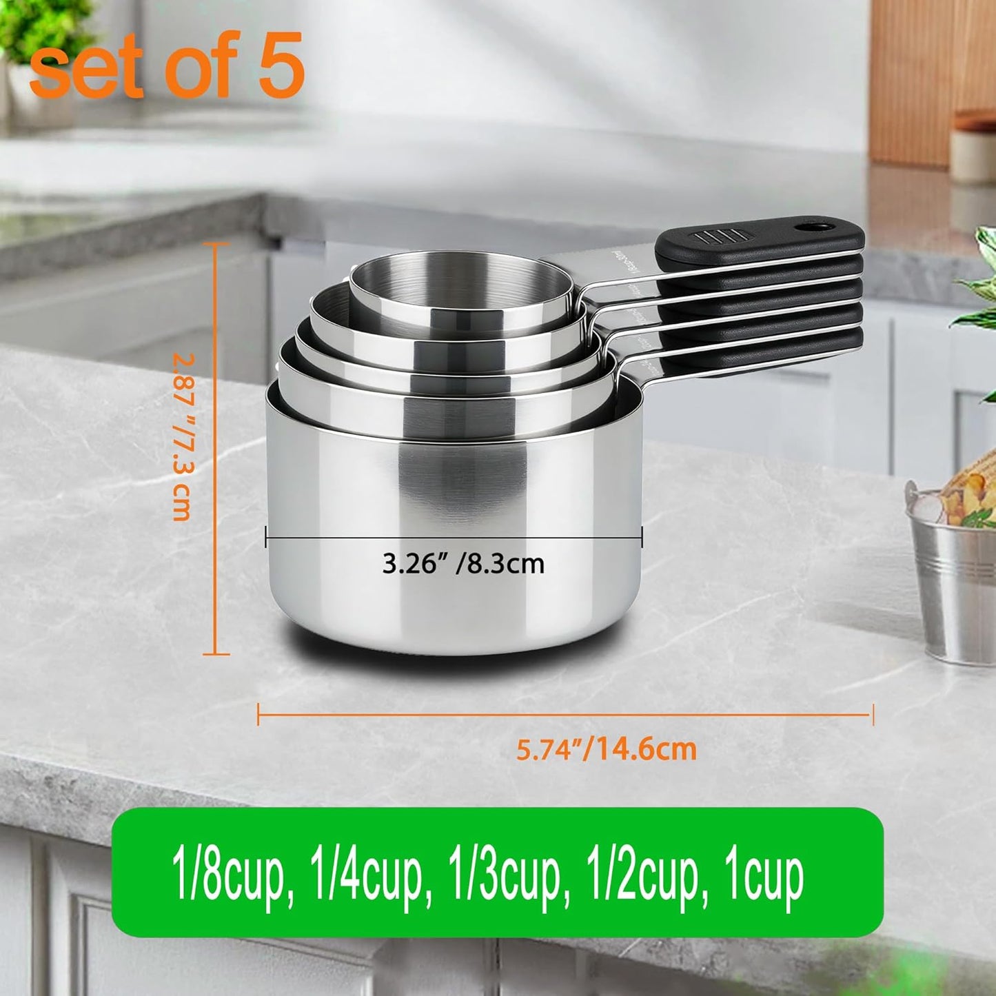 Magnetic Handles 7 Piece Stainless Steel Measuring Cups, Black, Kitchen Gadgets for Measure Liquid and Dry Ingredients, Cooking & Baking