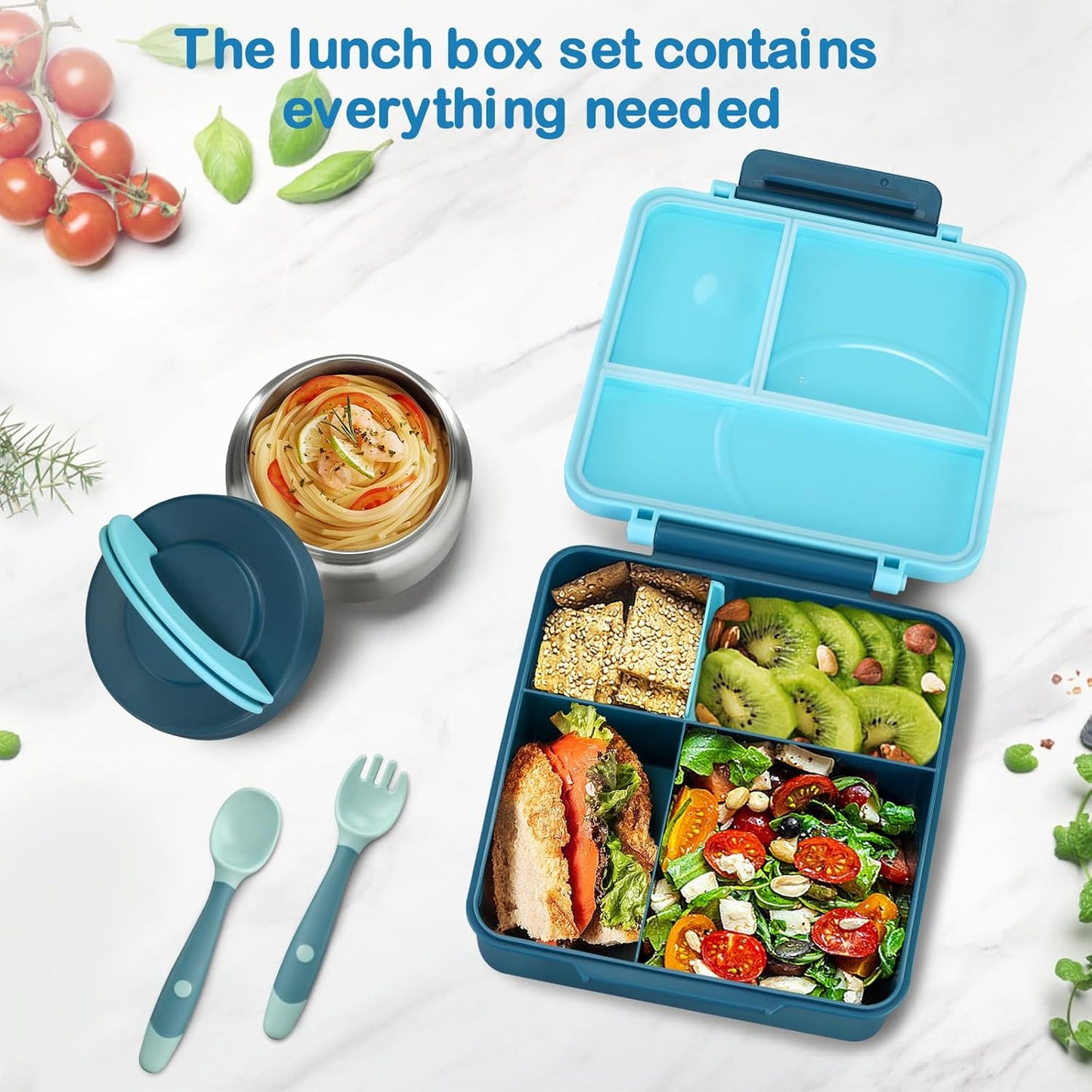 Bento Lunch Box Set for Kids with 8oz Soup Thermo, Leak-Proof Lunch Containers with 4 Compartment, Kids Thermo Hot Food Jar and Insulated Lunch Bag for Kid to School-Black