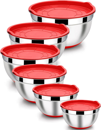 LIANYU Stainless Steel Mixing Bowls Sets of 6, Large 7, 3.5, 2.5, 2, 1.5, 1QT Size with Transparent Airtight Lids, Metal Nesting Serving Bowl Sets for Home Kitchen, Dishwasher & Freezer Safe, Black