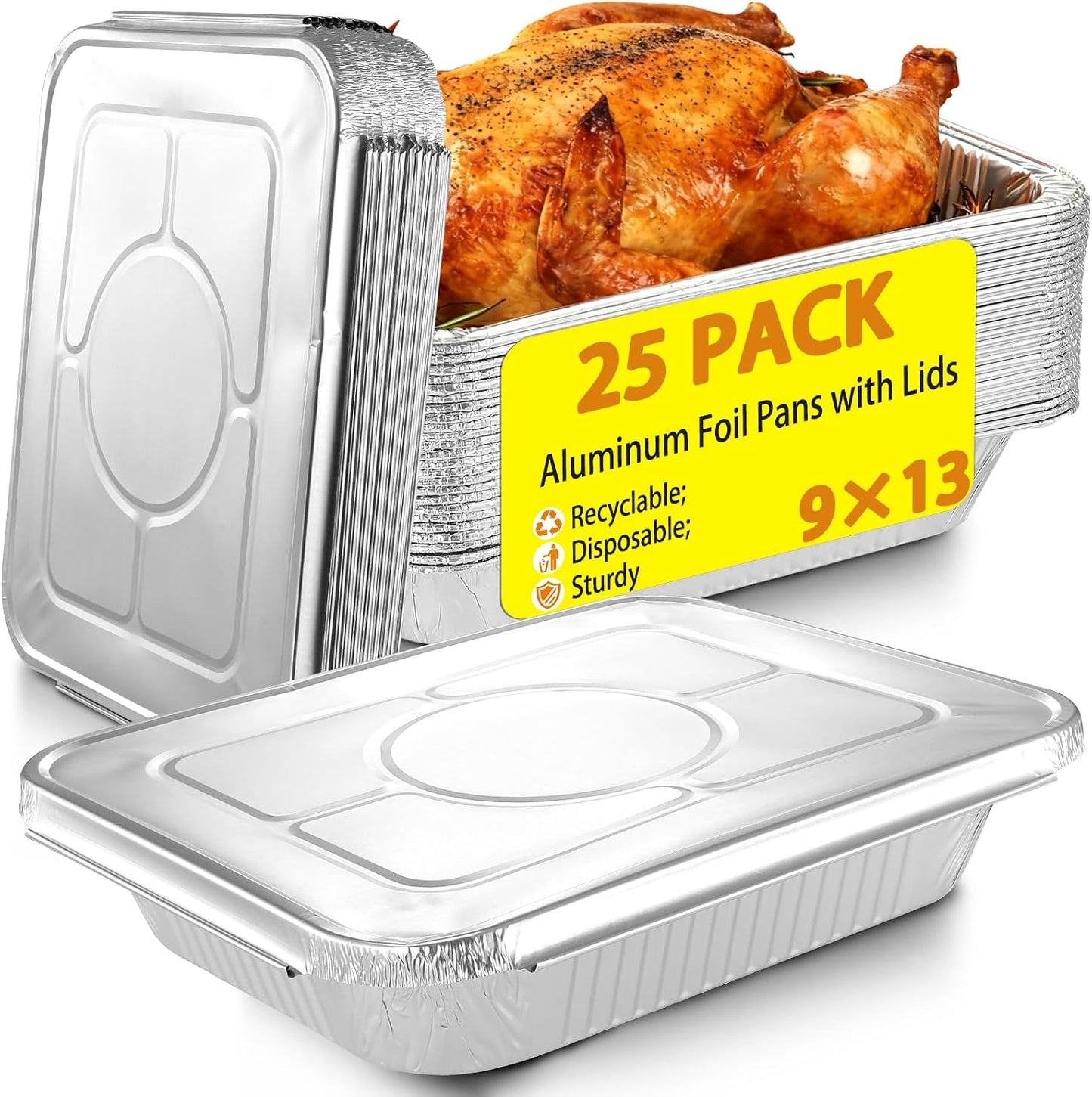 9x13 Aluminum Foil Pans with Lids - 25 Pack Disposable Half Size Deep Steam Table Tin Foil Pans for Oven Baking Cake, Roasting, Food Prepping, Storing, Freezing, Chafing