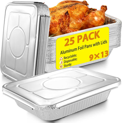 9x13 Aluminum Foil Pans with Lids - 25 Pack Disposable Half Size Deep Steam Table Tin Foil Pans for Oven Baking Cake, Roasting, Food Prepping, Storing, Freezing, Chafing