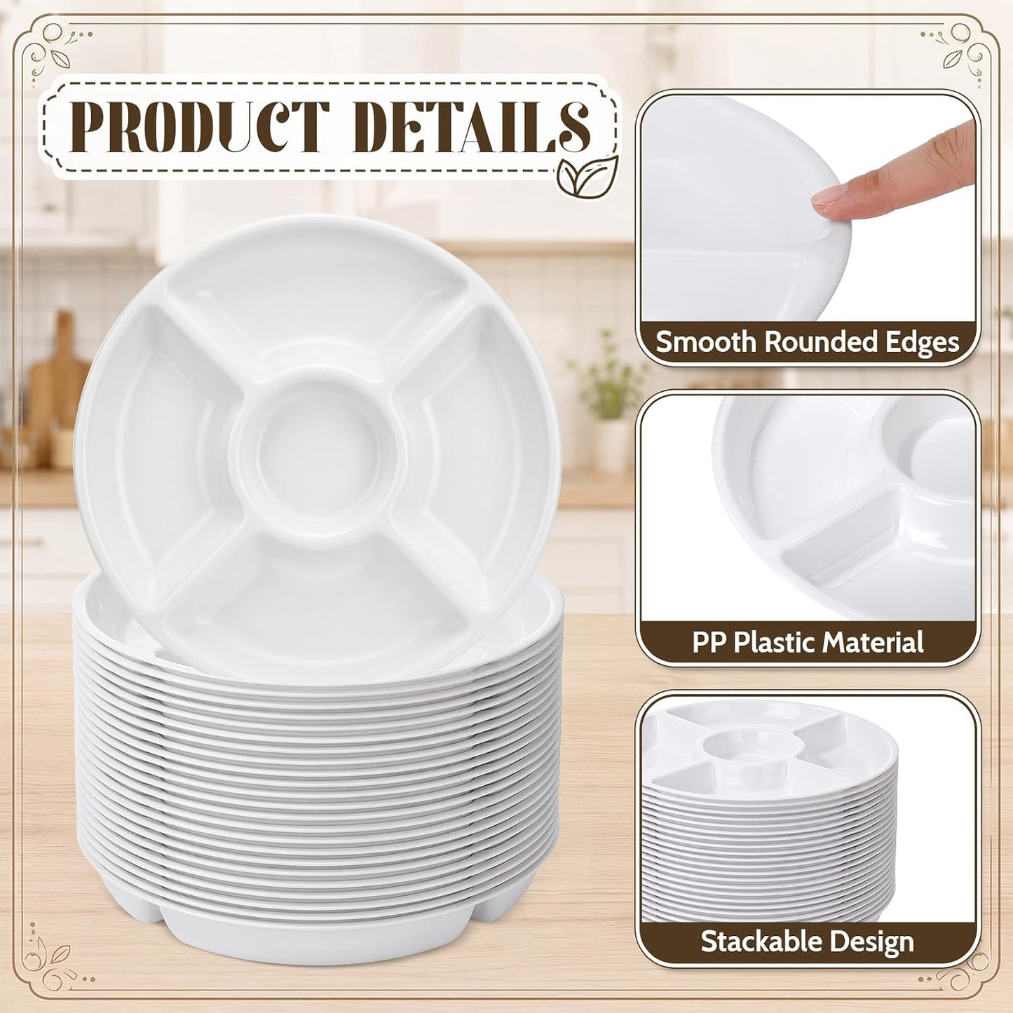24 Pcs 5 Sectional Plastic Divided Serving Trays Bulk 12 Inch Round Chip and Dip Plates Fruit Veggie Appetizer Platter Snack Tray for Holiday Party Family Gathering(Black)