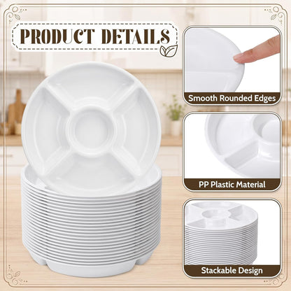 24 Pcs 5 Sectional Plastic Divided Serving Trays Bulk 12 Inch Round Chip and Dip Plates Fruit Veggie Appetizer Platter Snack Tray for Holiday Party Family Gathering(Black)